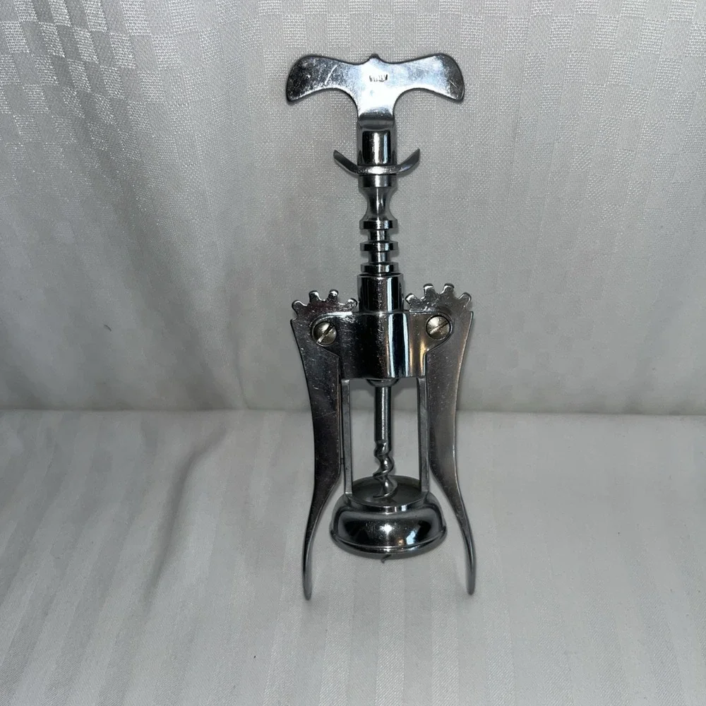 Vintage Brevettato Italy Plated Brass Wing Corkscrew Wine Opener w/Curved Handle